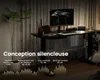 A dark, modern office setting with a standing desk and computer equipment. Produktbild-Vorschau