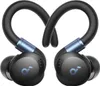 A pair of black wireless earbuds with blue accents and ear hooks, presented against a white background. Produktbild-Vorschau
