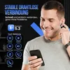A man is holding a smartphone and touching an earbud, with marketing text and icons about Bluetooth headphones. Produktbild-Vorschau
