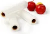 Three rolls of clear plastic wrap are arranged diagonally on a white background, with two red apples and a yellow lemon in the upper right corner. Produktbild-Vorschau