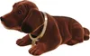 A brown plush dachshund toy with a gold collar and tag, lying down on a white background. Produktbild-Vorschau