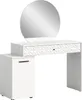 A white vanity table with a round mirror and a textured drawer. Produktbild-Vorschau