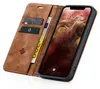 A brown leather flip case for an iPhone 11 Pro Max, shown open with cards and money inside, and the phone screen displaying the time and date. Produktbild-Vorschau