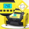 A close-up view of a yellow and black portable air compressor with a digital display showing '24.00'. The image is set against a bright yellow background and includes a diamond-shaped graphic with a cornered rectangle icon. Produktbild-Vorschau
