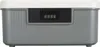 A front view of a gray and white lockable storage box with a combination lock. Produktbild-Vorschau
