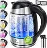 A collage of a glass electric kettle with various temperature settings displayed. Produktbild-Vorschau