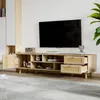 A modern wooden TV stand with a television mounted above it, set in a living room environment. Produktbild-Vorschau