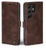 A brown leather flip case for a smartphone is shown from the side and front. Produktbild-Vorschau