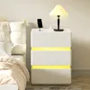 A white nightstand with LED lighting is placed next to a bed. Náhľad obrázku produktu