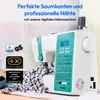 A digital sewing machine is shown on a table with fabric, along with various certification logos and marketing text. Produktbild-Vorschau