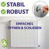 A white radiator with text overlays highlighting its features and a close-up of a hand using a radiator key. Podgląd zdjęcia produktu