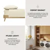 A collage of images showing a bed with bedding, marketing text, care instructions, and a laundry room scene. Produktbild-Vorschau