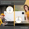 A split image showing two aspects of an infrared heater: one side shows installation with tools and hardware, the other shows the heater in use with a person giving a thumbs up. Produktbild-Vorschau
