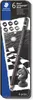 The image shows a metal tin packaging for Staedtler Mars Lumograph black drawing pencils, with a pencil and chess-themed artwork. Podgląd zdjęcia produktu