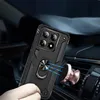 A hand holding a black phone case with a ring holder, magnetically attached to a rose gold car mount inside a car. Produktbild-Vorschau