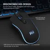 A black computer mouse with blue LED lighting is shown on a dark surface, with a blurred keyboard in the background. Produktbild-Vorschau