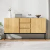 A wooden sideboard with a black metal base is displayed in a room with a white wall and a light-colored rug. Anteprima dell’immagine prodotto