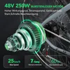 Close-up of an electric bike's motor and drivetrain with overlaid text highlighting features. Produktbild-Vorschau
