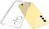 A clear phone case is shown next to a yellow smartphone. Produktbild-Vorschau