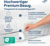 A hand is shown unzipping a mattress cover, with various features of the cover highlighted with text and icons. Produktbild-Vorschau