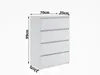 A white chest of drawers with dimensions indicated by text overlays. Produktbild-Vorschau