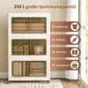 A white and brown three-tiered storage cabinet with transparent doors, shown indoors with a window and curtain in the background. Text overlays indicate storage capacity and suggested uses. Náhľad obrázku produktu