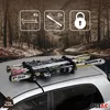 A ski and snowboard rack is mounted on the roof of a car, with a scenic road through a forest in the background. Produktbild-Vorschau
