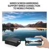 A mini projector is shown connected to a smartphone, with a landscape image displayed on both the phone and a larger screen. Produktbild-Vorschau