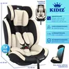 A KIDIZ car seat shown from the front-left, with various informational callouts and dimensions indicated. Produktbild-Vorschau