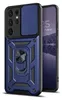 A blue armor case for a Samsung Galaxy S22 Ultra phone is shown diagonally against a white background. The phone is partially visible on the right side of the image, displaying a date and month on its screen. Produktbild-Vorschau