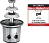 A stainless steel chocolate fountain next to a product review badge. Podgląd zdjęcia produktu