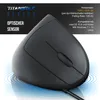 A black vertical ergonomic mouse is shown on a white background with blue concentric circles emanating from its base, suggesting wireless connectivity or a special surface. Text overlays provide product specifications. Produktbild-Vorschau