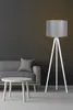 A modern living room scene with a sofa, a coffee table, and a floor lamp.
