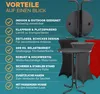 A marketing image showcasing the features of a CASARIA® standing table with a cover. Produktbild-Vorschau