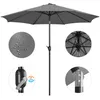 A collage of images showing a gray patio umbrella and its features. Produktbild-Vorschau