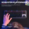 A hand is shown typing on a mechanical keyboard with RGB lighting, with marketing text and icons overlaid on the image. Produktbild-Vorschau