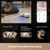 Collage of images and app interface showing a robot vacuum cleaner and its features related to pet care. Produktbild-Vorschau