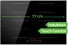 A close-up of a black induction cooktop with green text overlays highlighting features. Produktbild-Vorschau