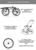 Collage of images and text describing the features of a stroller frame and wheels. Produktbild-Vorschau