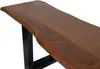 A close-up view of a wooden bench with a live edge and black metal legs. Produktbild-Vorschau