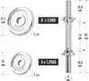 Diagram showing dimensions and weights of dumbbell plates and a dumbbell bar. Produktbild-Vorschau