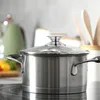 A stainless steel pot with a glass lid on a stovetop. Voir les images du produit