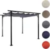 A pergola with a retractable canopy is shown against a white background. Several color swatches are displayed to the right of the pergola. Náhled obrázku produktu