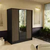 A modern bedroom or living room setting with a black wardrobe featuring wooden slats and a mirror. Produktbild-Vorschau