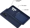 A dark blue phone case with callouts highlighting its features. Produktbild-Vorschau