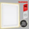 A white LED panel light with a yellow glow around the edges, set against a light gray background. Several marketing badges are present on the right side. Produktbild-Vorschau