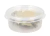 A clear, studio shot of a round, transparent plastic food container with a lid, filled with some green and brown items, likely herbs or spices. Náhled obrázku produktu