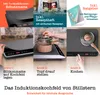 A collage of images showing an induction cooktop and its accessories, with instructional steps. Produktbild-Vorschau