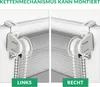 Two close-up views of a roller blind mechanism, one labeled 'LINKS' (left) and the other 'RECHT' (right), demonstrating mounting options. Produktbild-Vorschau