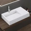 A modern white sink with a chrome faucet is mounted on a wooden countertop. Produktbild-Vorschau